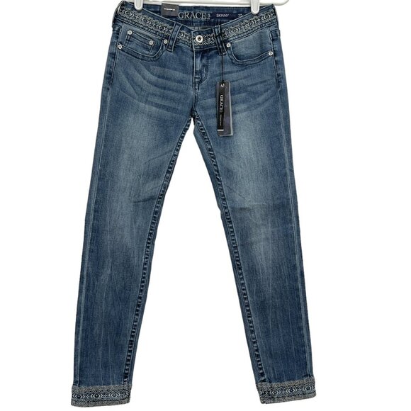 NWT GRACE in LA Women Embroidered Skinny Low Rise Stretch Blue Denim Jeans Sz 25 - Picture 1 of 12